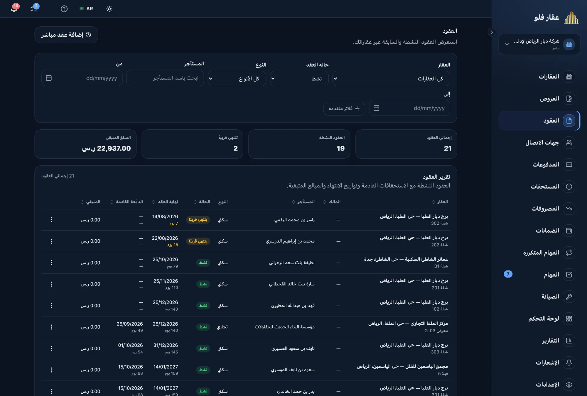 قائمة العقود مع المدد والمبالغ في برنامج إدارة العقارات