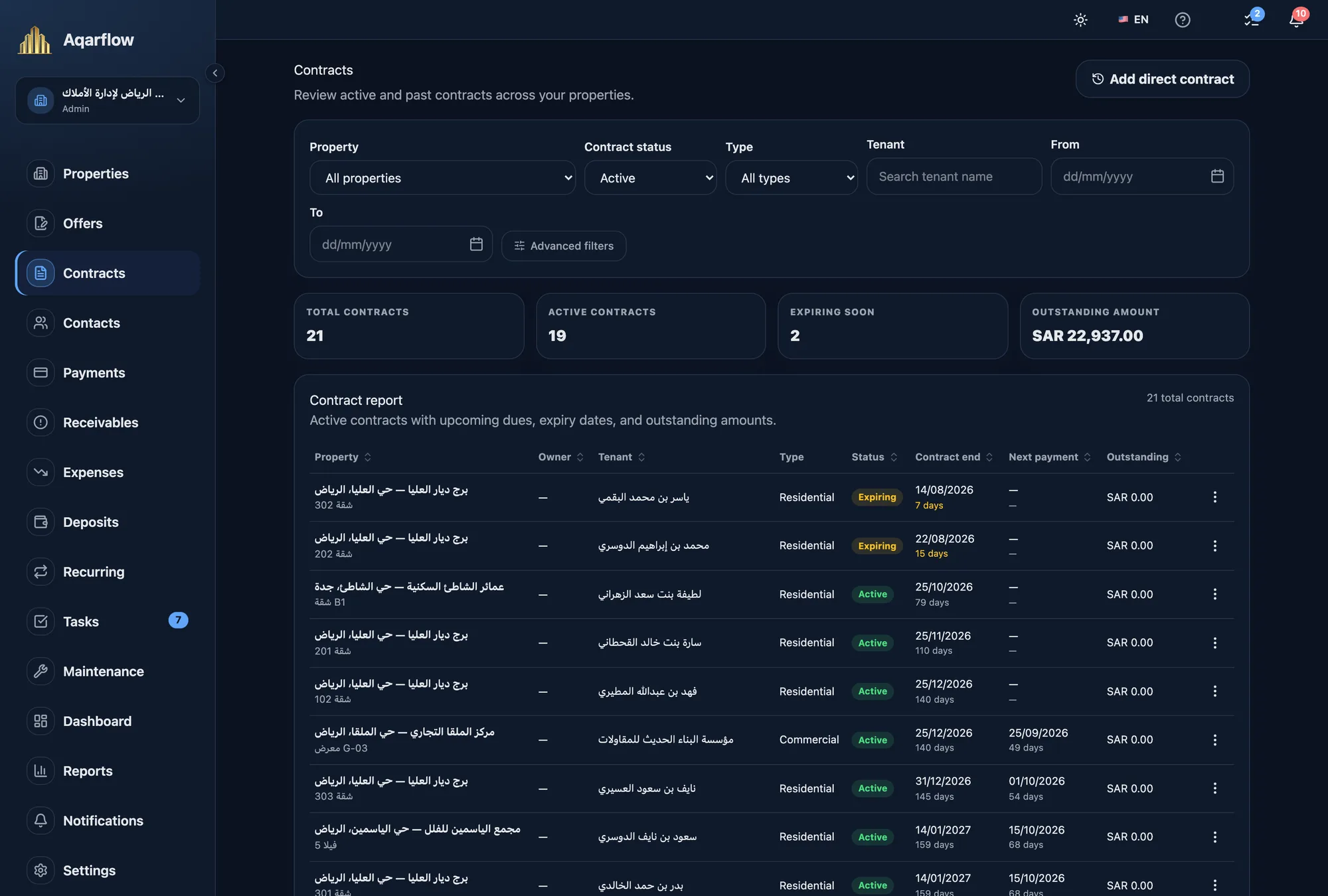 Contract list with terms and amounts in property management software